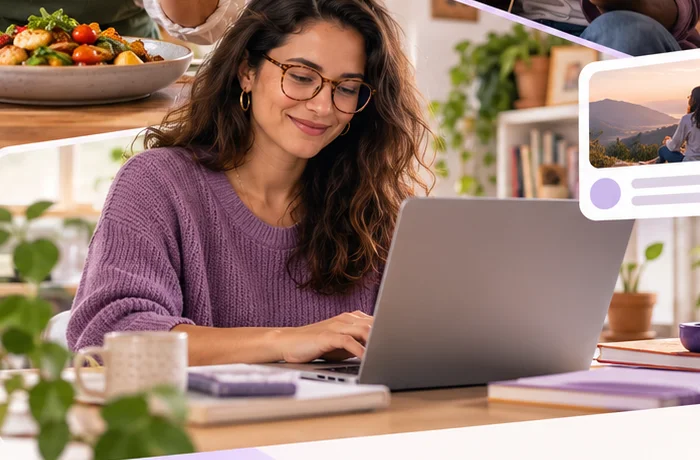 Criadora escrevendo no notebook em casa